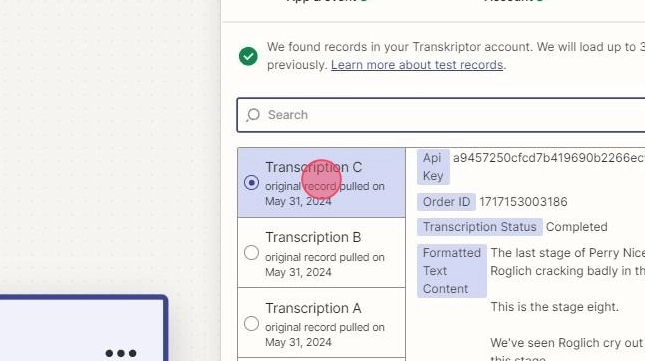 Opção para selecionar um perfil de transcrição.