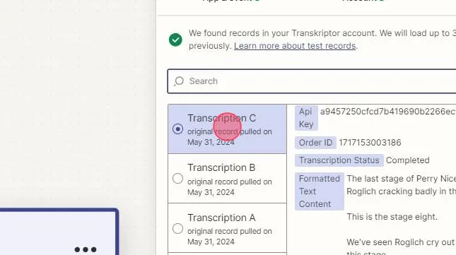 Cuplikan layar yang menunjukkan cara memilih transkripsi dari file