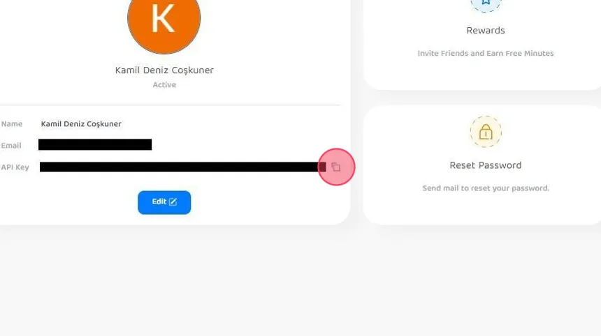 API anahtarının nasıl kopyalanacağını gösteren bir ekran görüntüsü