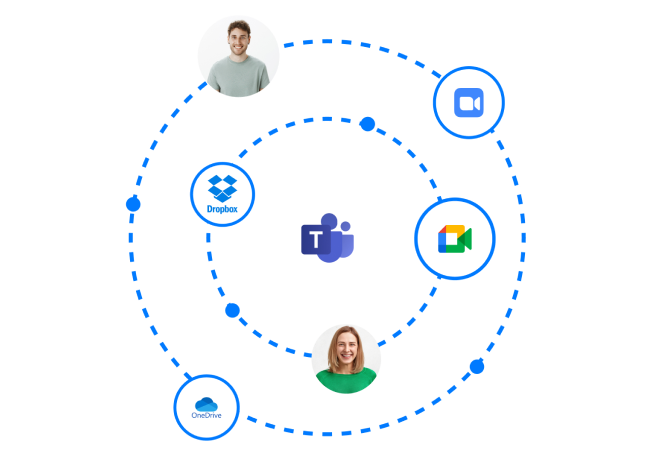 A graphic illustrating two people connected through various content sharing platform icons such as Dropbox, Teams, and Google Drive.