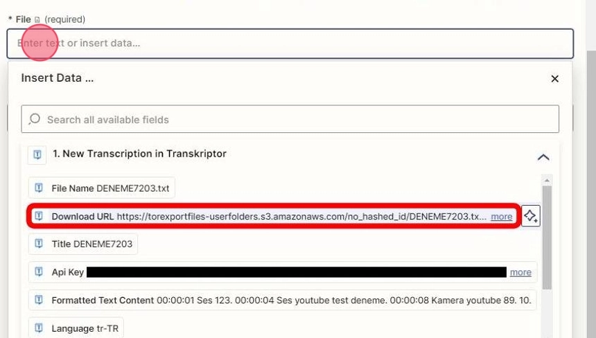 Configurando a URL de download de um arquivo.