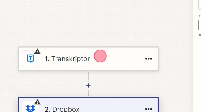 Una pantalla de configuración para configurar un paso de Transkriptor.