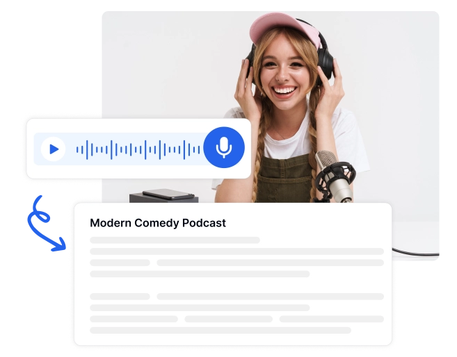 Gambar yang menggambarkan konversi podcast yang mudah menjadi transkripsi teks yang akurat.