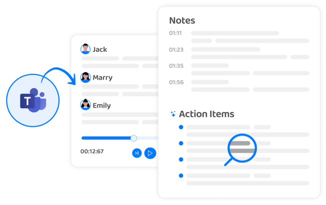 Illustration of a digital note-taking interface with icons for users Jack, Marry, and Emily, and a list of notes and action items.