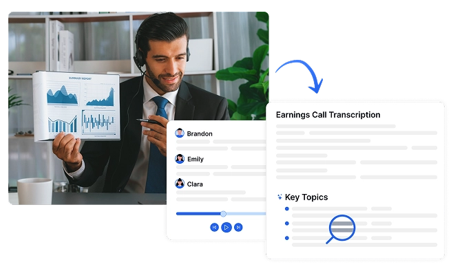 Imej yang menggambarkan penganalisis perniagaan menyemak carta kewangan dengan antara muka transkripsi panggilan pendapatan yang menunjukkan profil pengguna dan pengekstrakan topik utama.