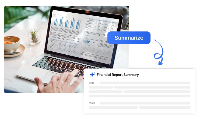 Imej yang menggambarkan seseorang yang bekerja pada komputer riba dengan papan pemuka kewangan dan antara muka ringkasan berkuasa AI yang mengekstrak perkara penting daripada laporan kewangan yang panjang.