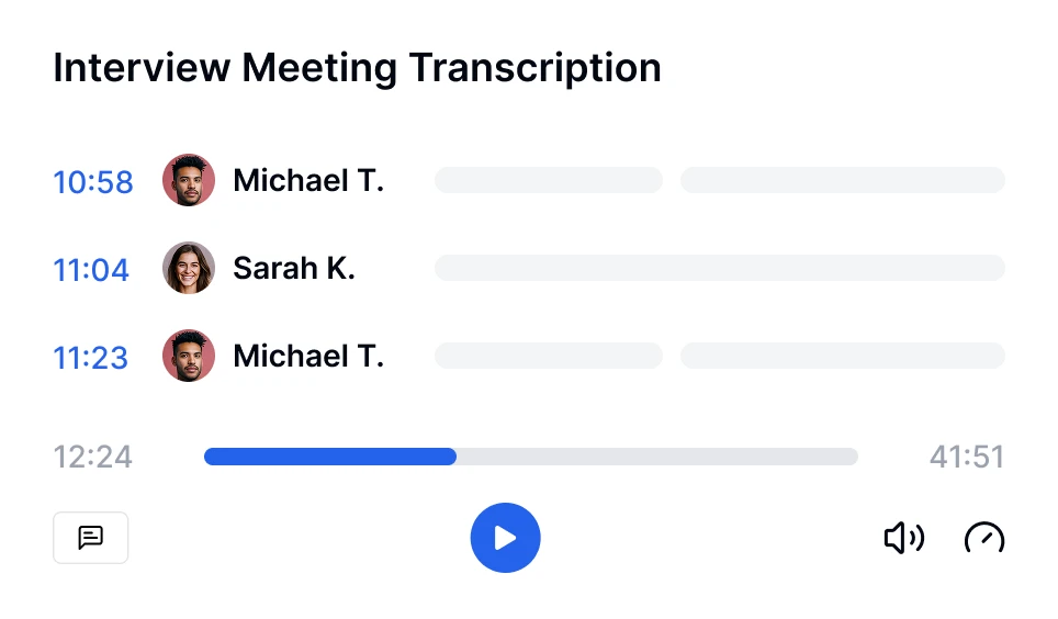 Interface voor transcriptie van interviewvergadering met sprekerstijdstempels en voortgangsbalk.
