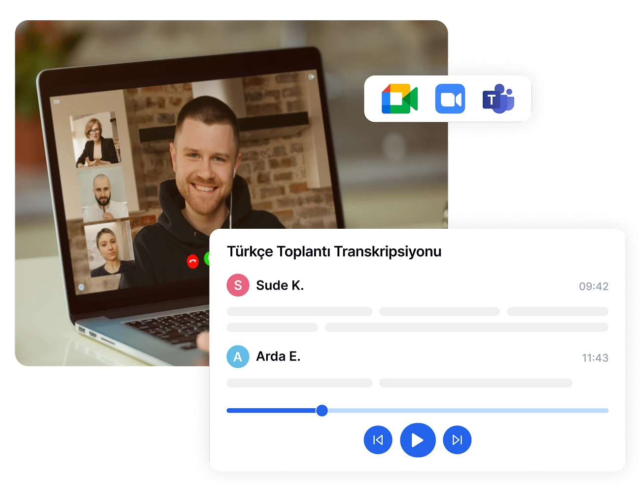 Transkripsi pertemuan online menggunakan Eskritor dengan berbagai platform panggilan video.