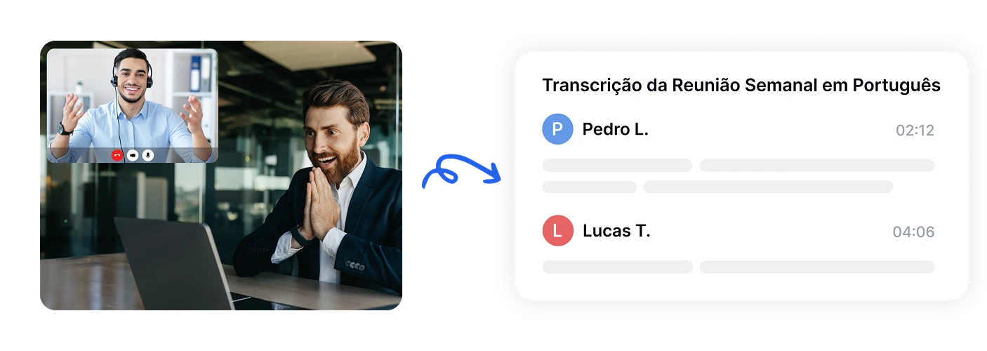 Transcrição de reunião por videochamada usando Eskritor em português.