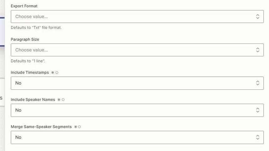 Especificando o formato de exportação para uma transcrição.