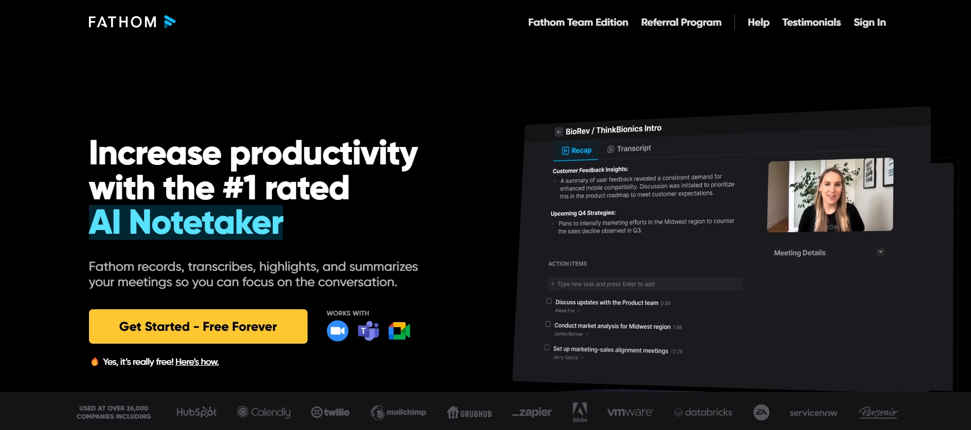 Een screenshot van de Fathom-homepage die laat zien dat het de #1 beoordeelde AI notulist is die de productiviteit kan verhogen.