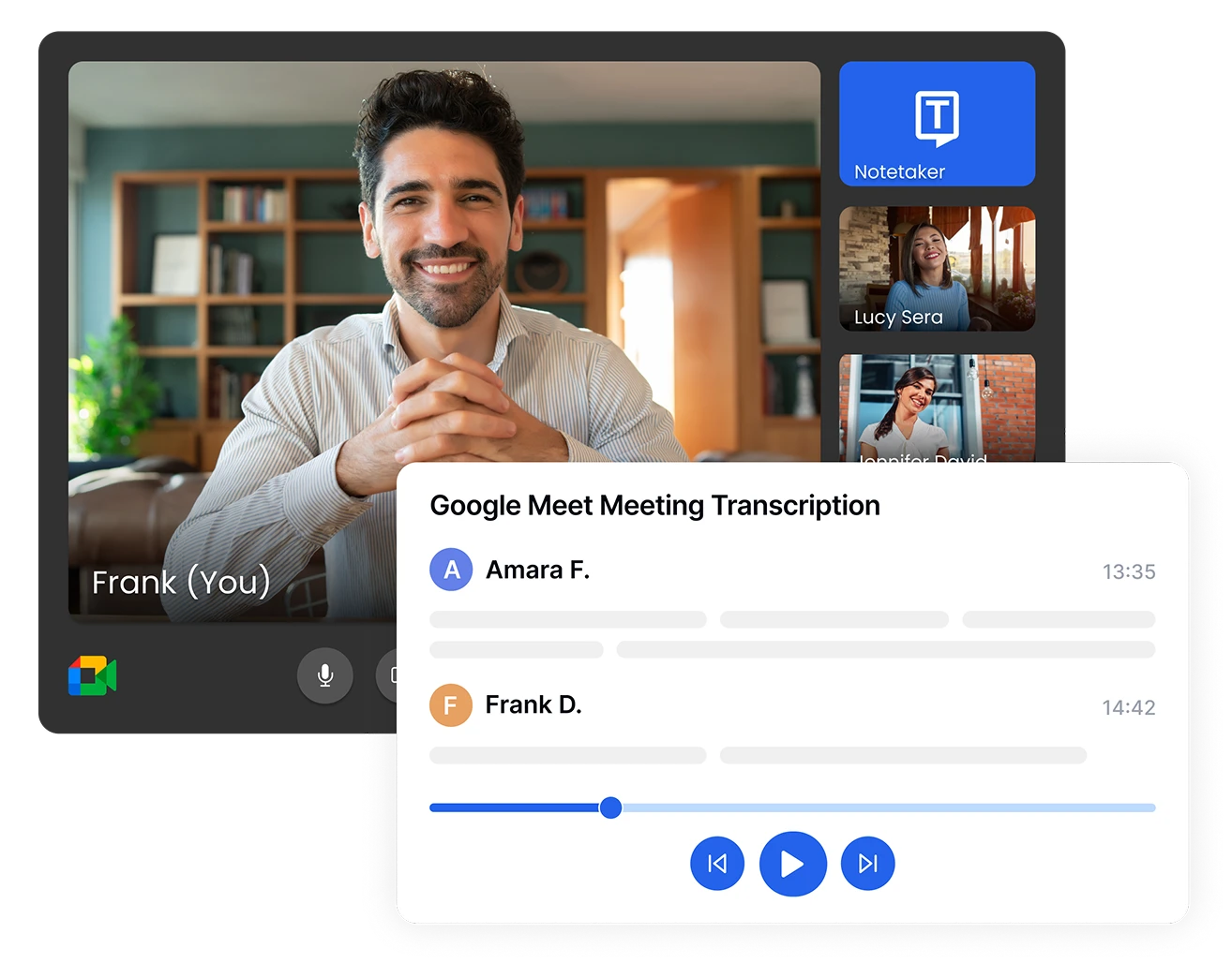 ממשק תמלול Google Meet עם כלי Notetaker מציג משתתפים.