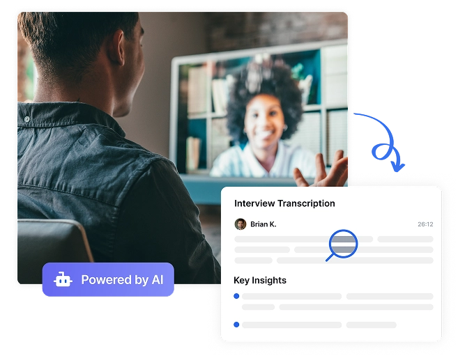 Transkripsi AI menukar rakaman temu bual kepada transkrip yang tepat dengan cerapan utama untuk analisis.