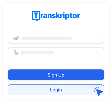 Transkriptor की सरल और मुफ्त लॉगिन या साइन अप प्रक्रिया को प्रदर्शित करने वाली एक छवि।