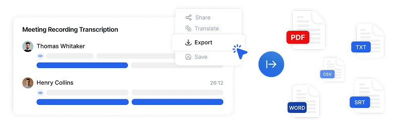 Системата за експортиране на записи от срещи на Transkriptor със сигурни връзки за споделяне и персонализируеми формати, включително времеви маркери и идентификация на говорителите.