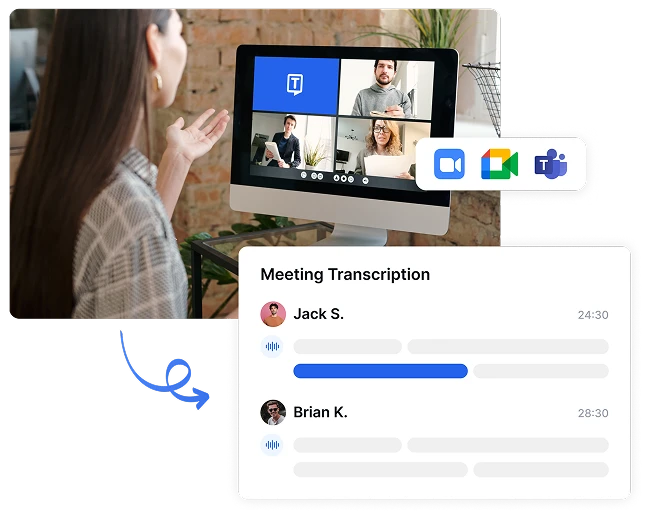 AI записващото устройство на Transkriptor улавя разговори в Zoom, Microsoft Teams и Google Meet с точни транскрипции и интелигентни обобщения.