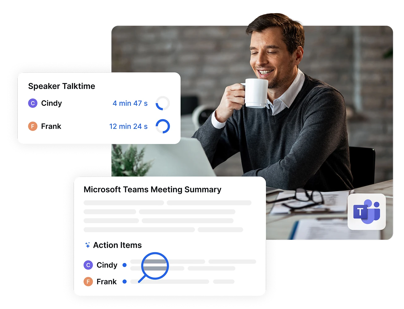 Man using Microsoft Teams with talktime analytics displayed on screen.