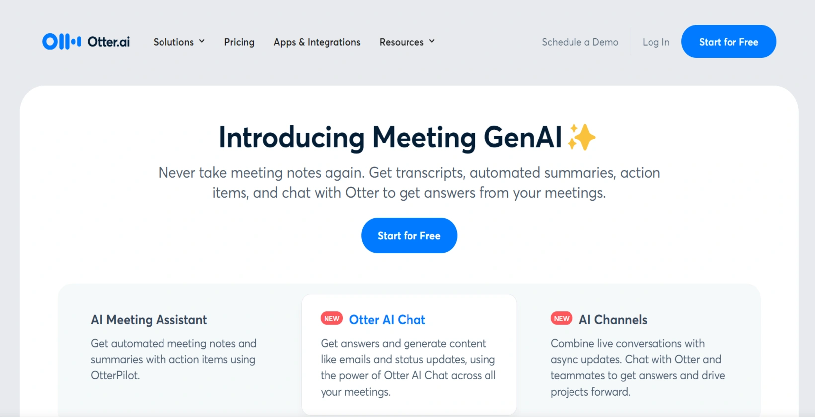 This screenshot of the Otter.ai homepage introduces Meeting GenAI, Otter AI chat, and AI channels to automate meeting notes.