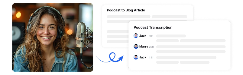 Podcaster bercakap ke dalam mikrofon manakala transkripsi AI menukar podcast kepada transkrip yang tepat.