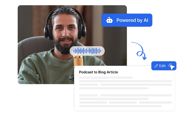 Transkripsi berkuasa AI serta-merta menukar episod podcast kepada catatan blog yang berstruktur dan berkualiti tinggi.