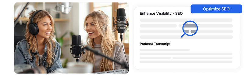 Dua podcaster merakam semasa transkripsi berkuasa AI mengoptimumkan kandungan podcast untuk keterlihatan SEO yang lebih baik.
