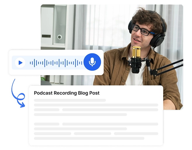 Podcaster bercakap ke dalam mikrofon manakala transkripsi AI menukar podcast kepada catatan blog yang tepat