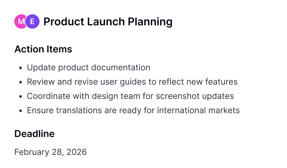 Document voor productlanceringsplanning met details over actiepunten en deadlines.