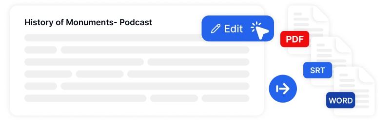 Imagem que descreve recursos profissionais de edição e exportação para transcrições de entrevistas.