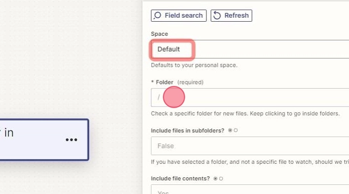 Interface para selecionar espaço e pasta no Dropbox.