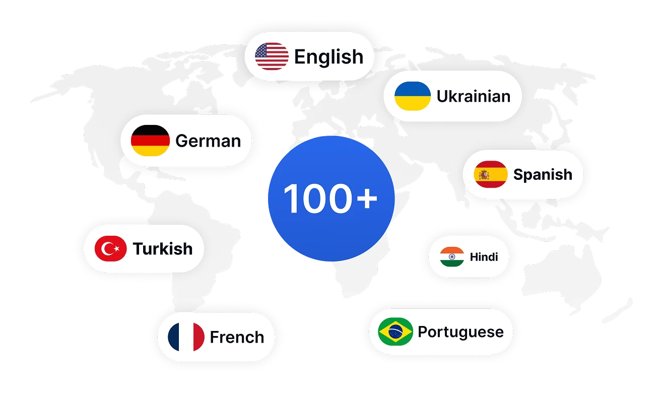 Phân tích cảm xúc đa ngôn ngữ trên hơn 100 ngôn ngữ với Transkriptor phát hiện sắc thái cảm xúc cho các đội ngũ toàn cầu với độ chính xác nhất quán lên đến 99%.