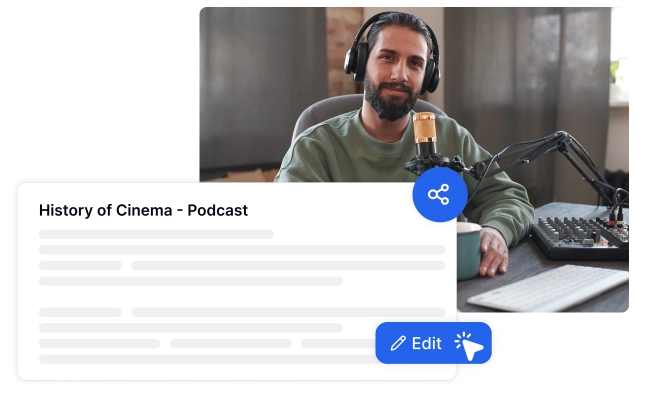 Slika, ki prikazuje poenostavljene funkcije urejanja in sodelovanja za prepise podcastov.