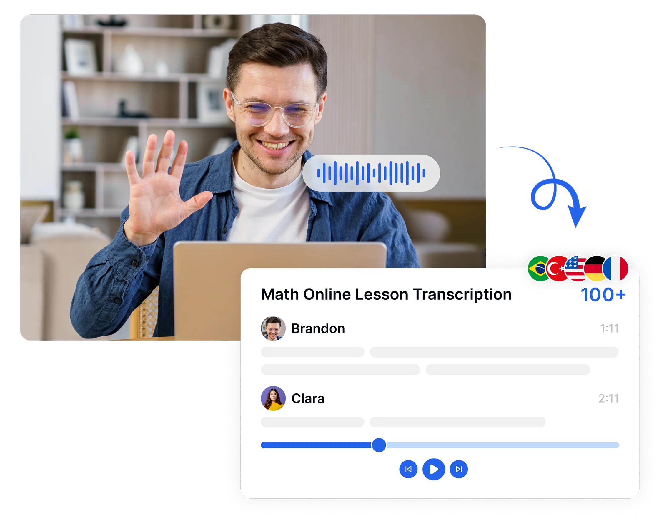 Pria menghadiri pelajaran matematika online dengan transkripsi ucapan ke teks secara real-time dan dukungan aksesibilitas multibahasa di laptop.