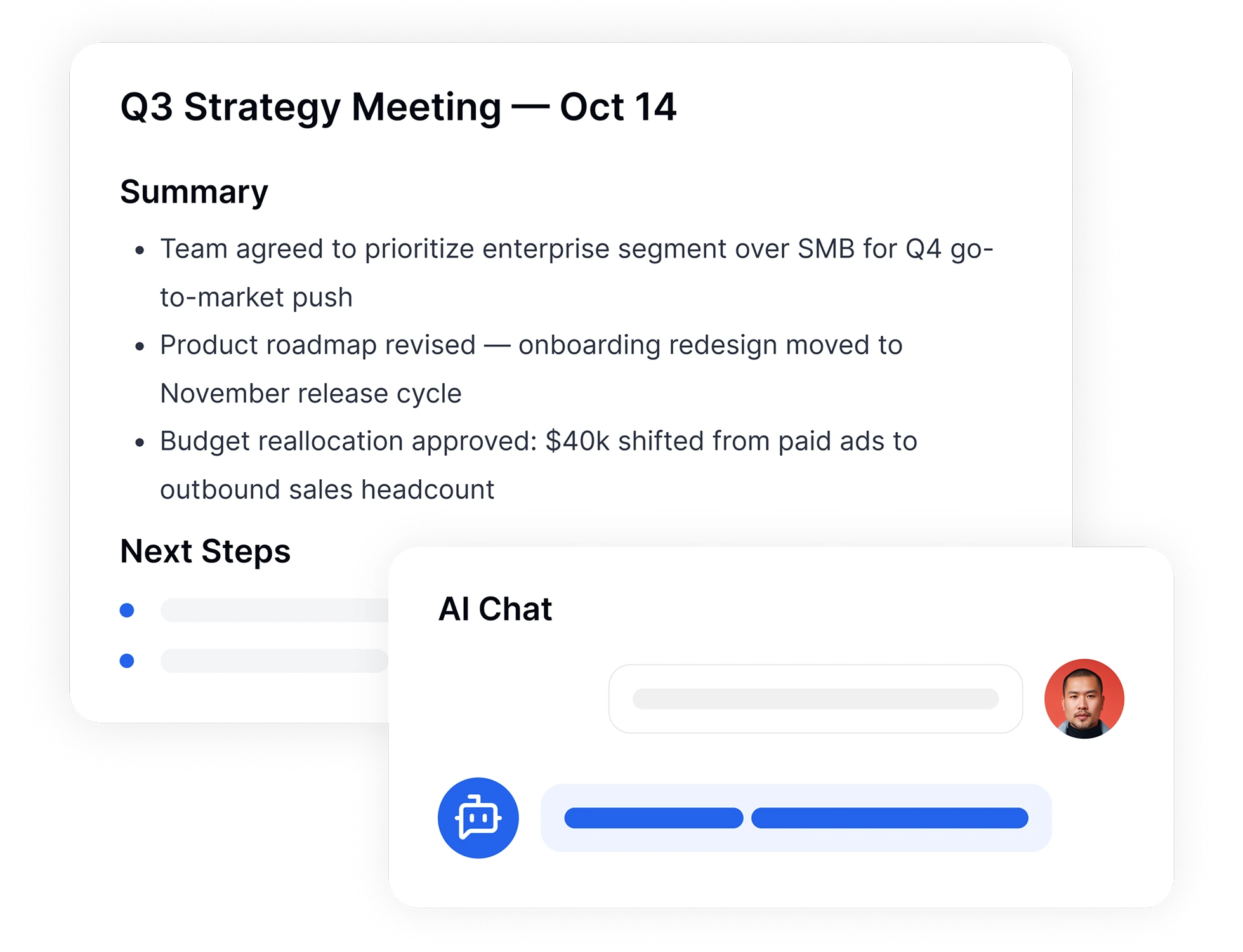 Функція ШІ-чату та миттєвих резюме для транскрипцій мовлення в текст.