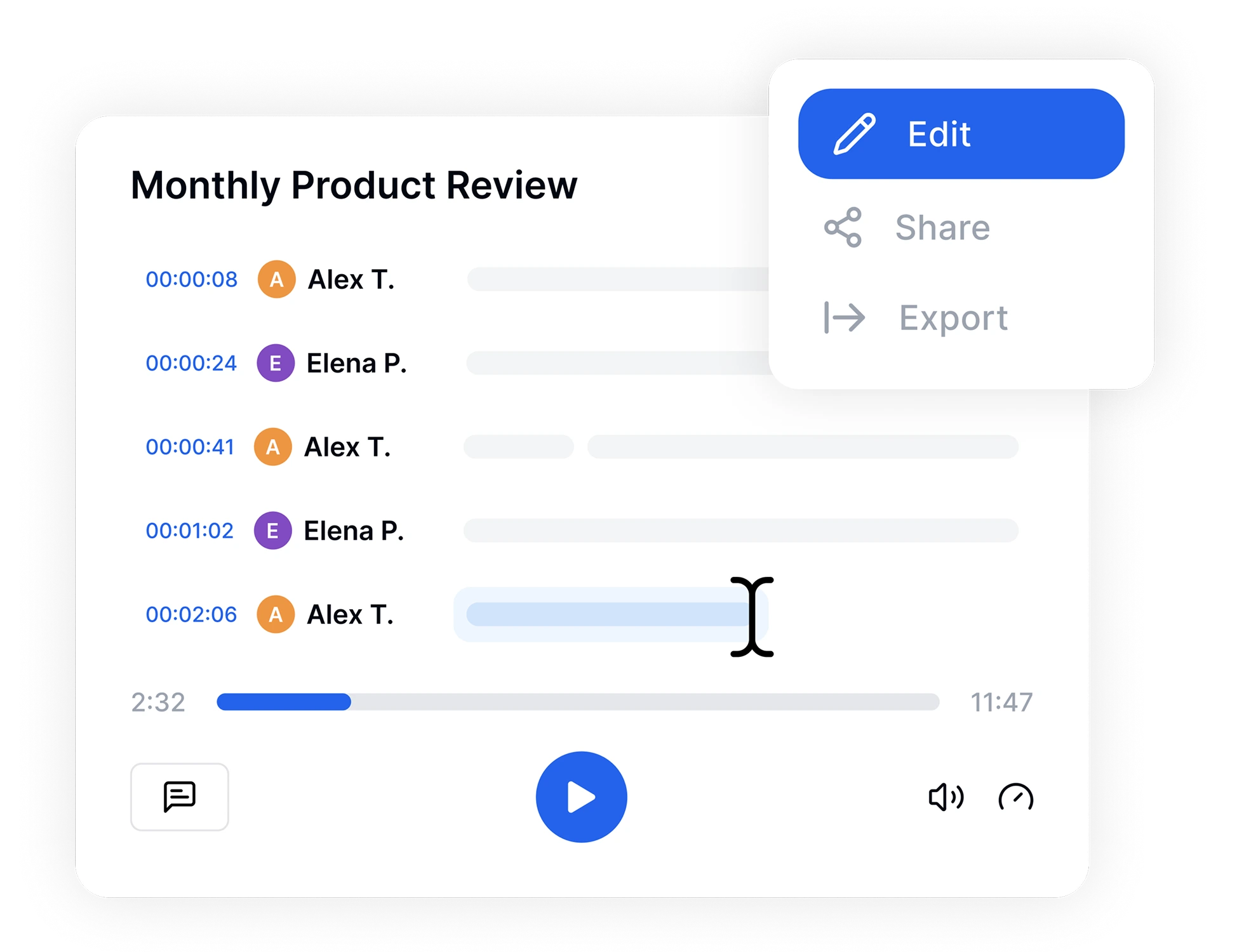 Редагування, експорт і поширення файлів транскрипції у кількох форматах.