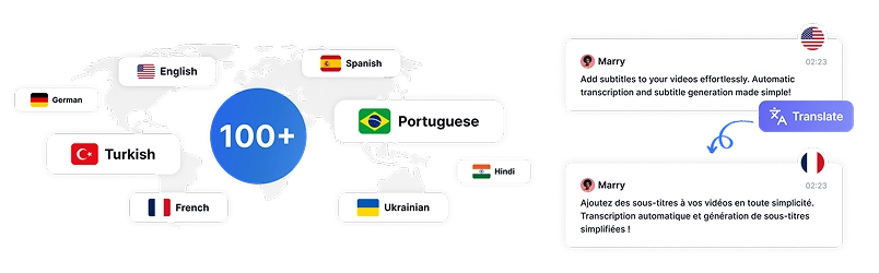 Översättningstjänst för undertexter med ett klick som stöder 100+ språk med regionalt korrekt uttal för global publikexpansion.