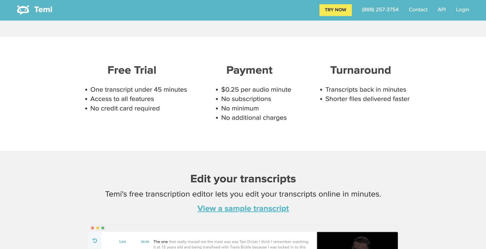 Une capture d’écran de la structure tarifaire de Temi montrant l’essai gratuit, le paiement et le délai d’exécution ainsi que ce que chacun offre.