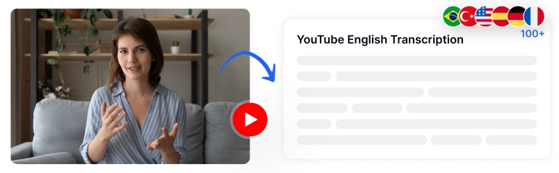 영어 YouTube 동영상을 텍스트로 변환하기 위한 전사 도구를 보여주는 이미지입니다.
