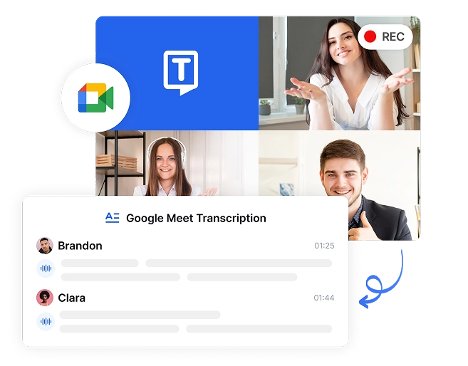 99%の精度でGoogle Meetの文字起こしを行い、仮想会議のインターフェースと話者の識別を示します。