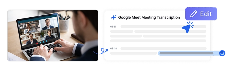 ラップトップでGoogle Meetを表示している人との高度なトランスクリプト編集インターフェイスと変更ツール。