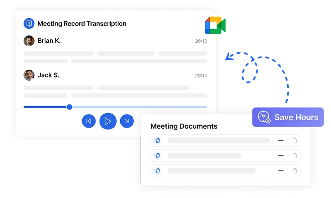 自動Google Meetレコーディングと検索可能な会議ドキュメントで毎週6 +時間節約します。