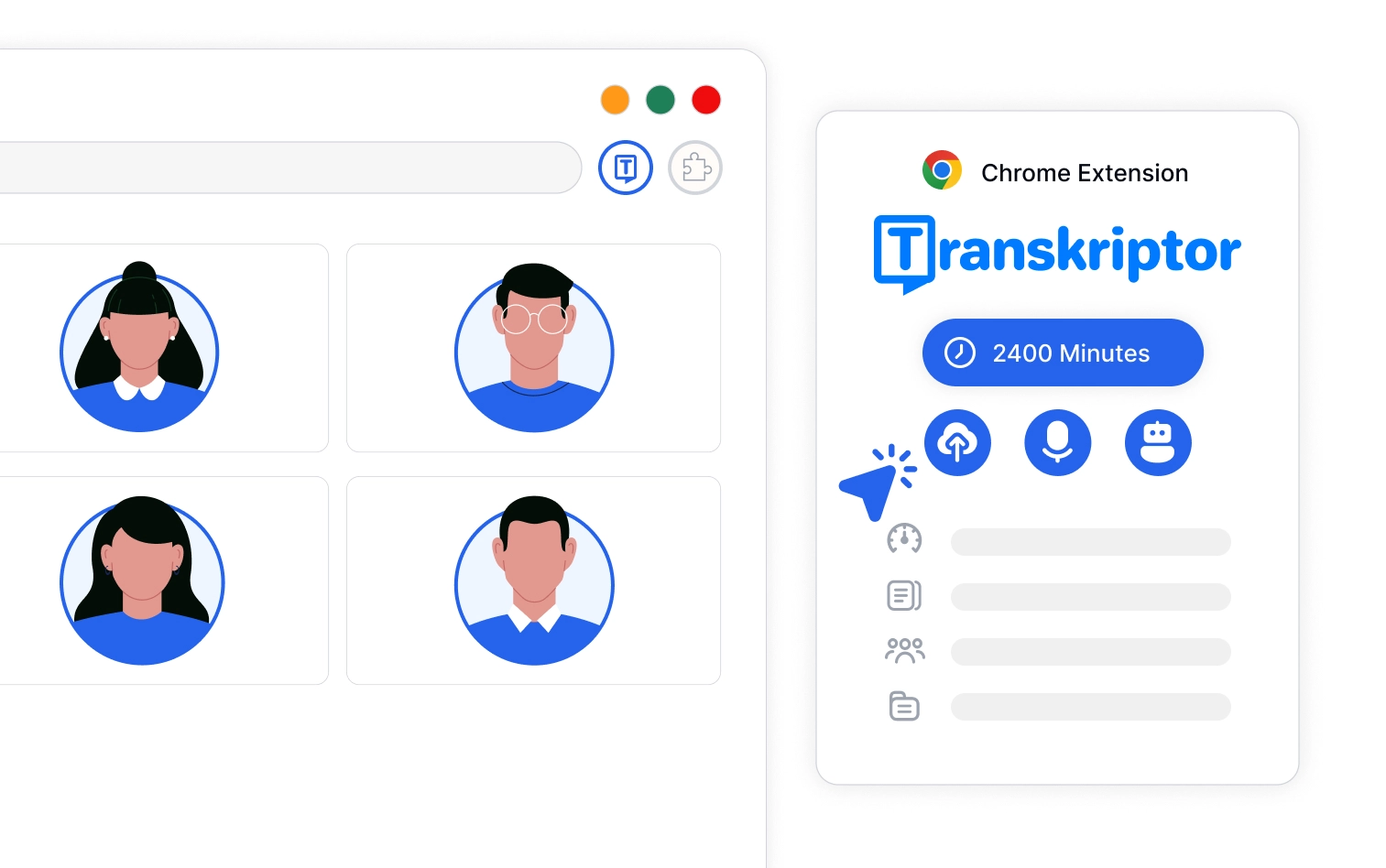 Chrome diện mở rộng cho một công cụ phiên âm, hiển thị các tính năng như phiên âm dễ dàng, hỗ trợ nhiều ngôn ngữ và tích hợp quy trình làm việc.