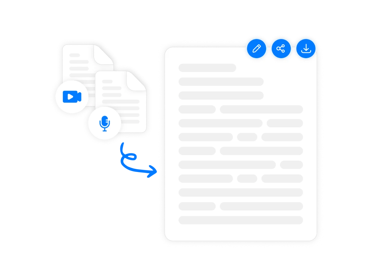 A doodle depicting audio and videos turning into transcription