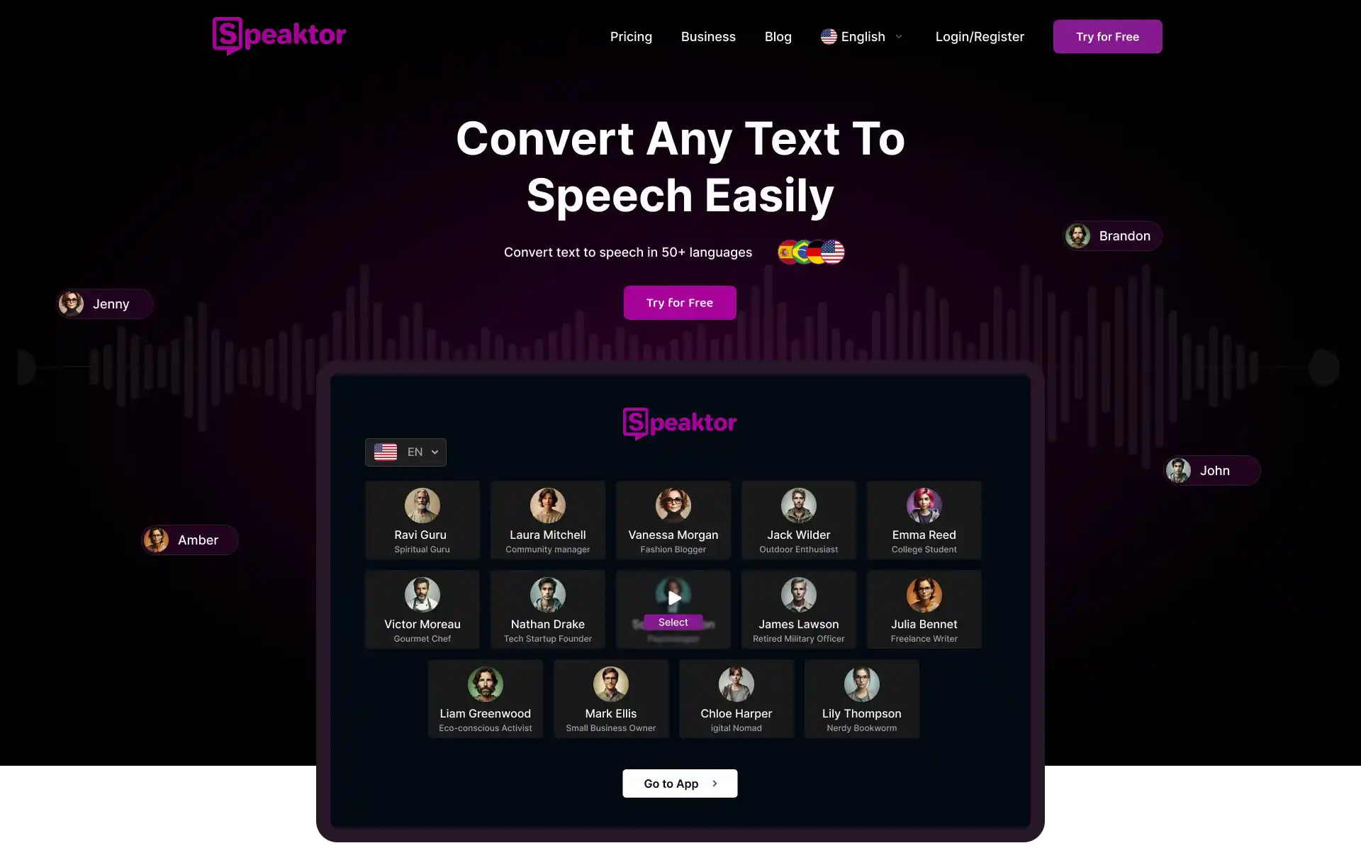 Speaktor interface focused on text-to-speech and transcription services, offering simple controls for uploading and generating audio.