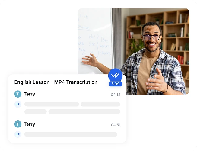 Чоловік викладає урок англійської з транскрипцією MP4, використовуючи Transkriptor.
