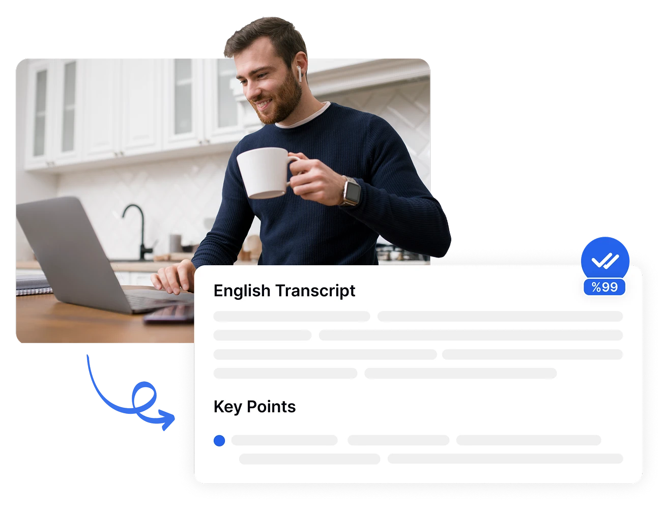 Man using laptop with Transkriptor showing English transcript and key points.