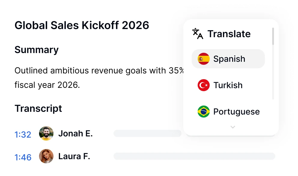Transkriptor interface met vertaalopties voor een wereldwijde verkoopvergadering transcript.