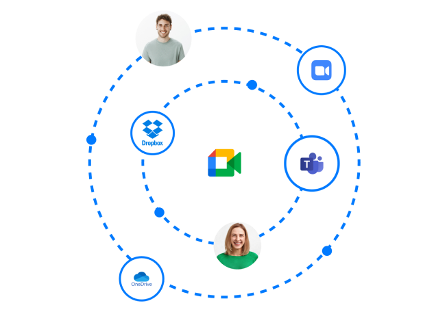 Integrasi Transkriptor dengan Google Meet, menyoroti fitur transkripsi.