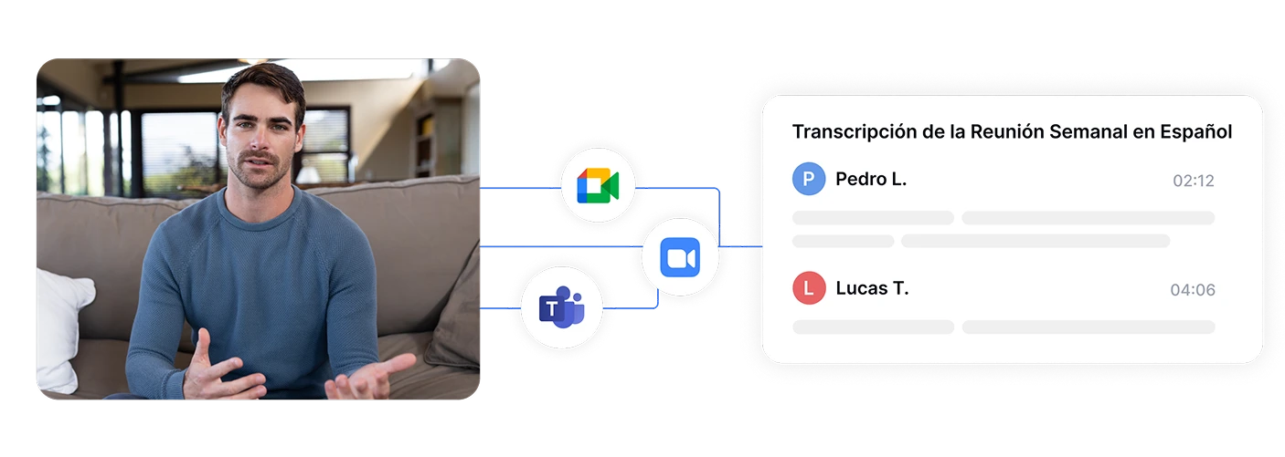Man discussing transcription features with meeting transcription interface.