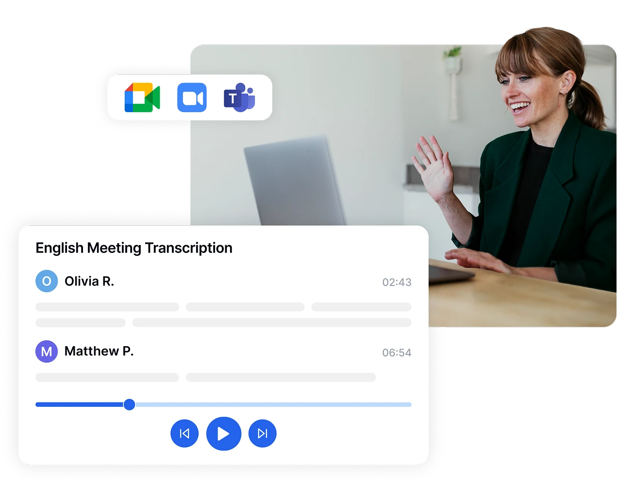 Woman using Transkriptor for English meeting transcription with video call platforms.