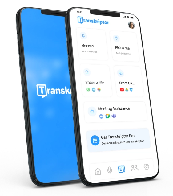 Transkriptor mobile app interface with transcription capabilities.